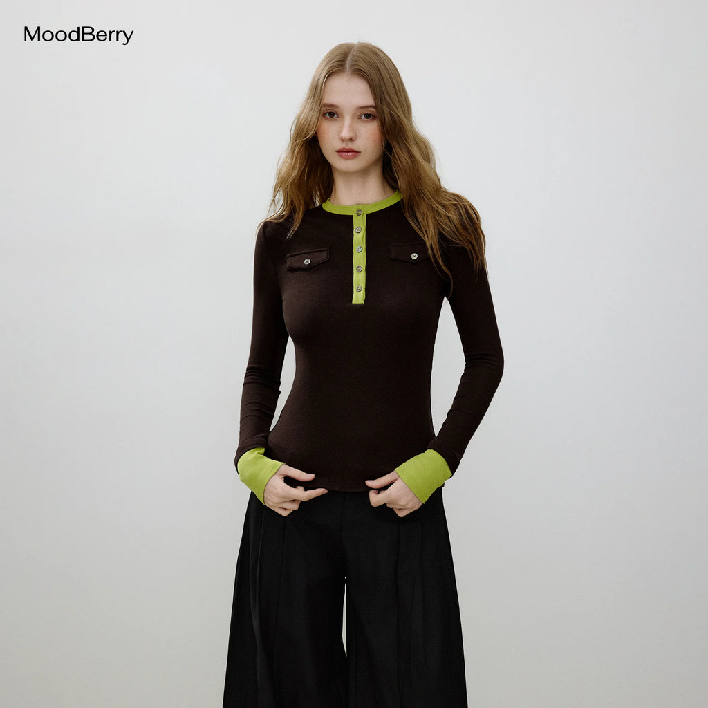MoodBerry Brown-Green Contrast Slim Fit Long-Sleeve Tee