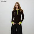 MoodBerry Brown-Green Contrast Slim Fit Long-Sleeve Tee