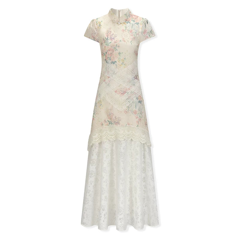 ZIHE Lace Splicing Hollow Floral Dress