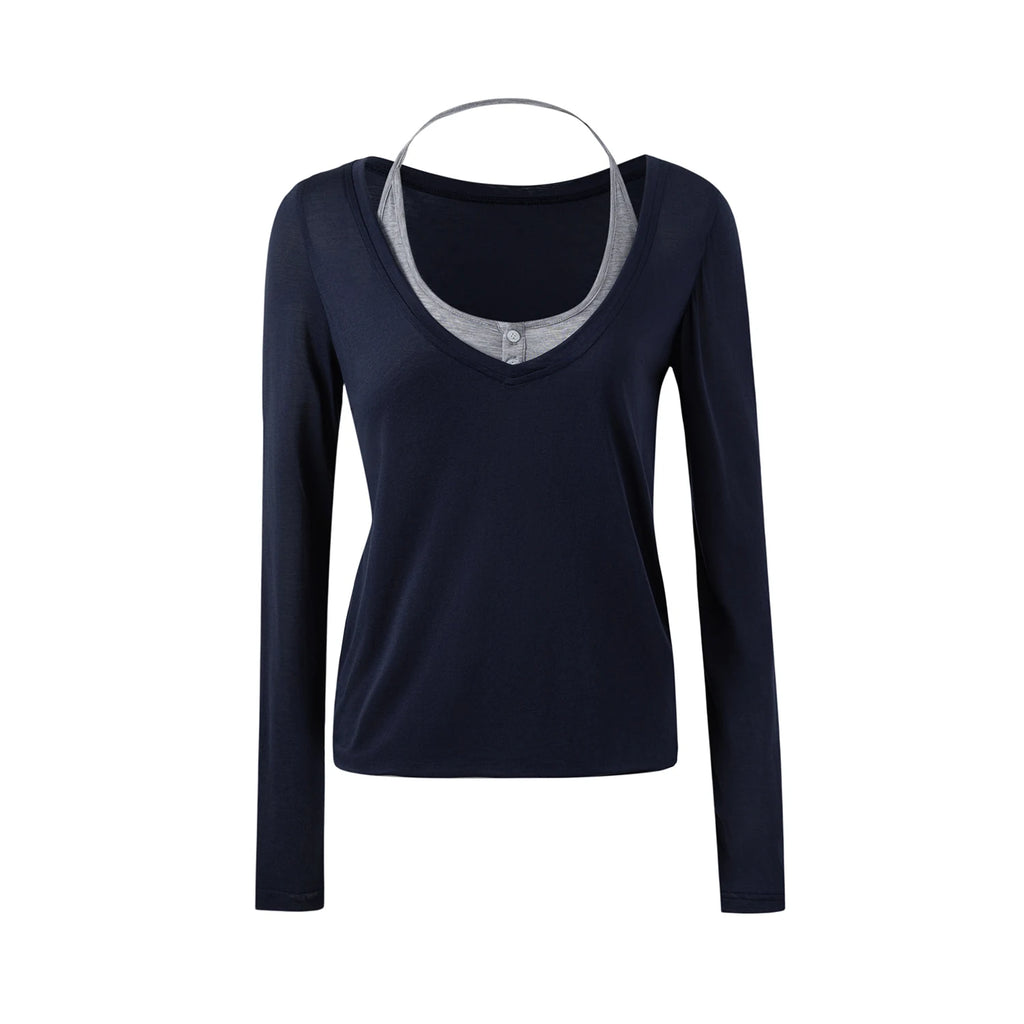 MoodBerry V-Neck Layered Loose Long-Sleeve Tee