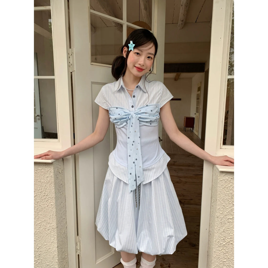 RRFIGHT Milky Taro Purple Striped Cinched-Waist Bubble Two-Piece Set