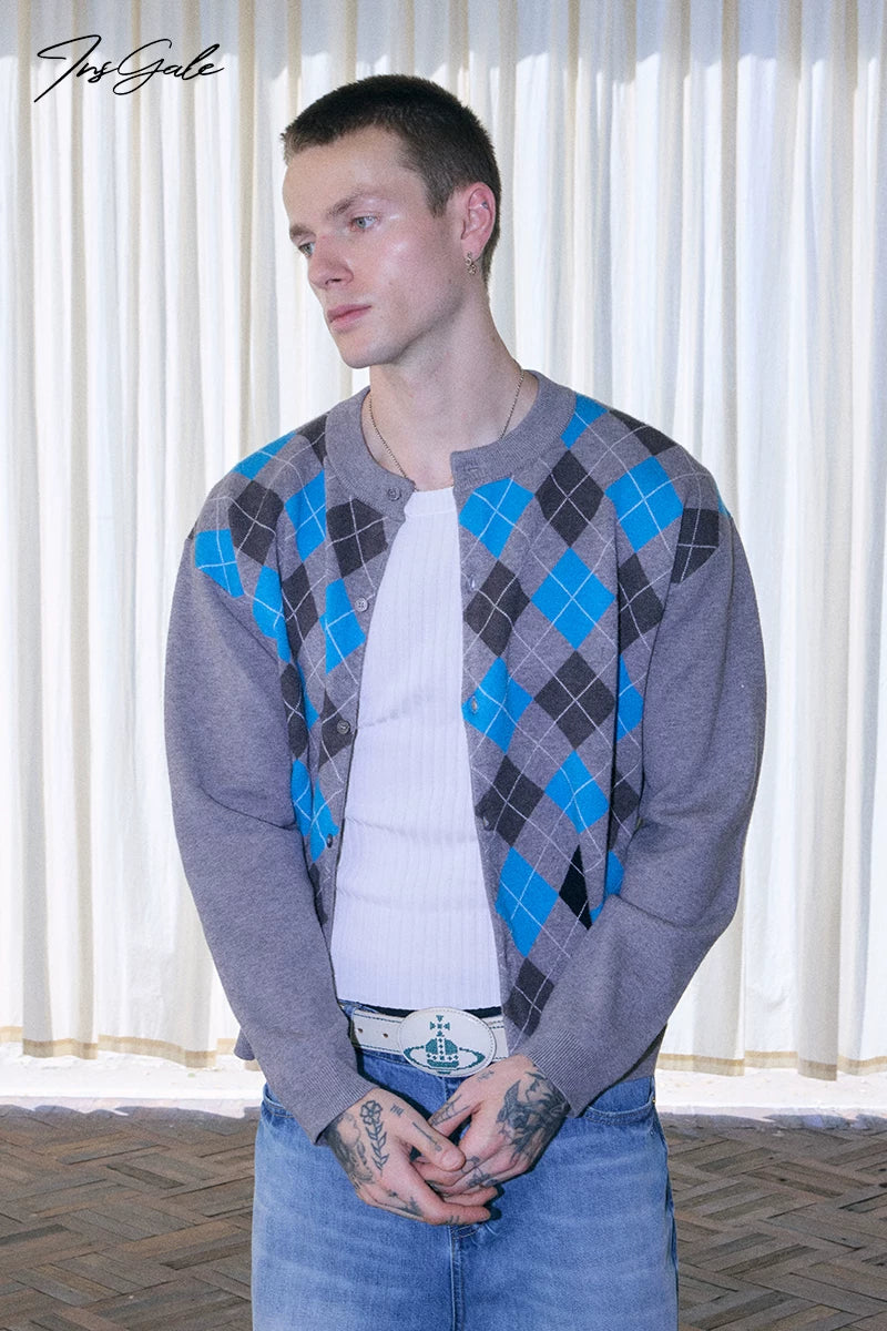 InsGale Vintage Rhombus Knitted Cardigan Sweater