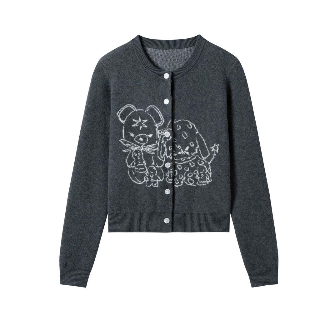 Yawhat Fluffy Friends Cropped Wool Jacquard Cardigan