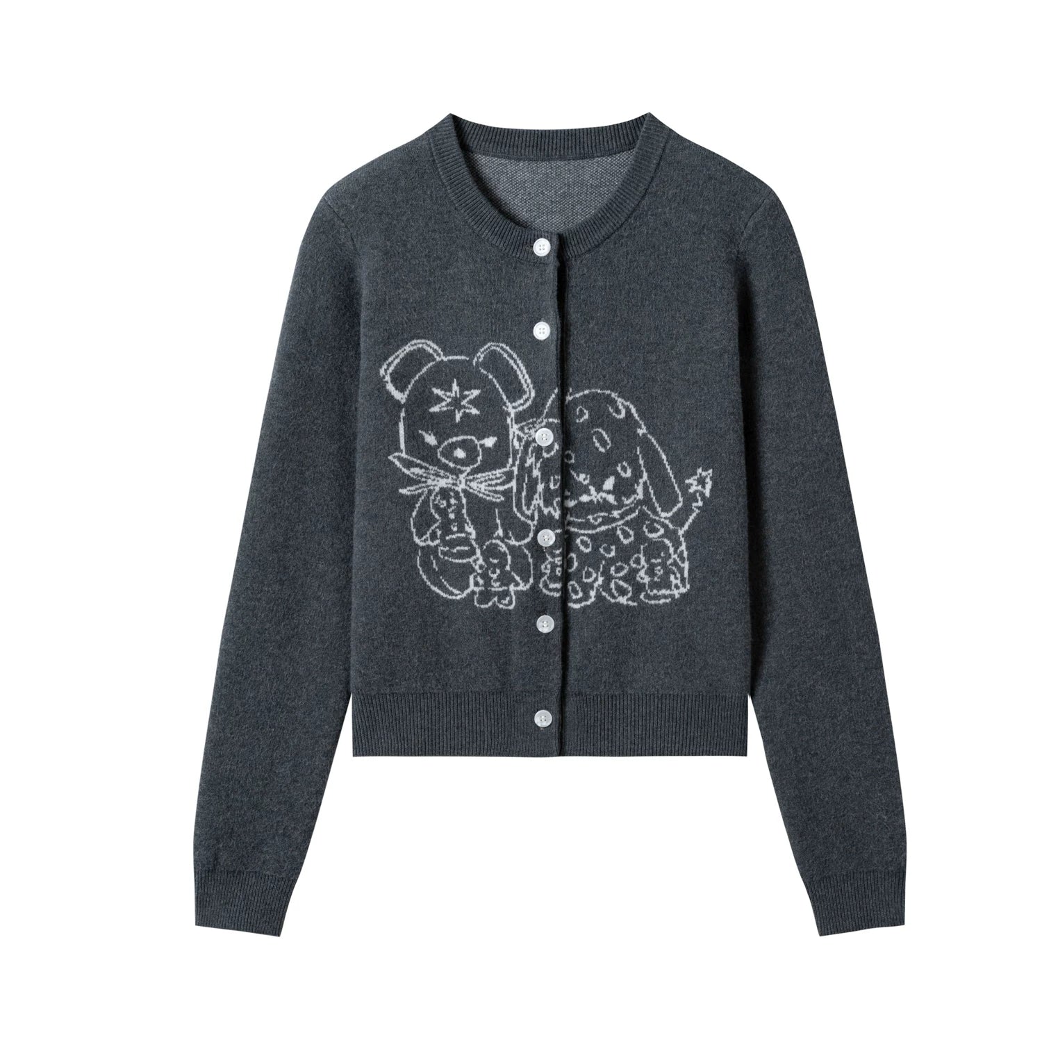 Yawhat Fluffy Friends Cropped Wool Jacquard Cardigan