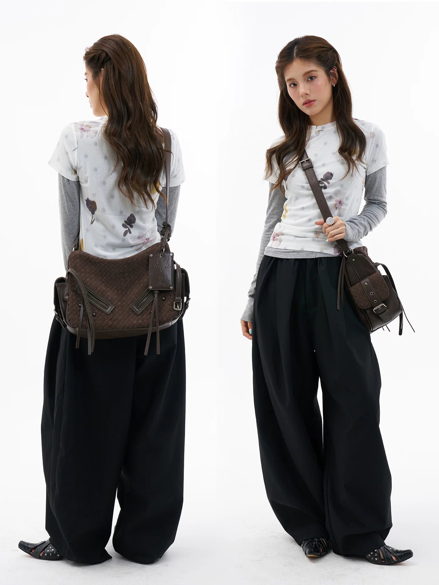 JANDRESS Dark Brown Woven Faux Leather Zip-Top Hobo Shoulder Bag