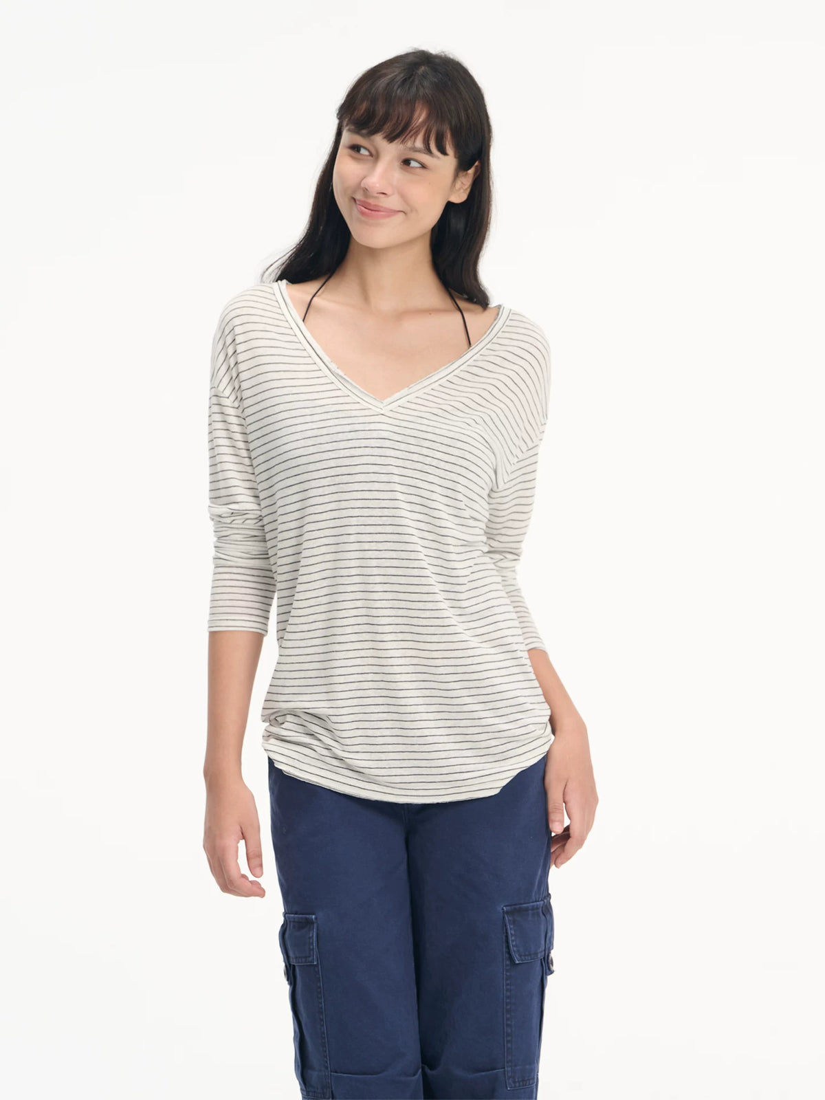 LINY LIBERTY Lyocell Linen Blend Washed V-Neck Long-Sleeve Tee
