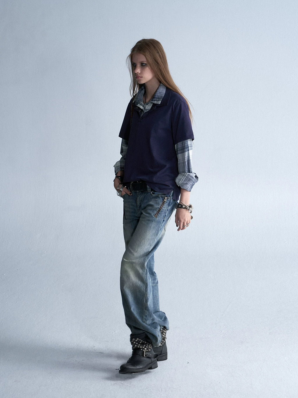 wear And tear Vintage Plaid Two-Layer Loose Drop-Shoulder Shirt