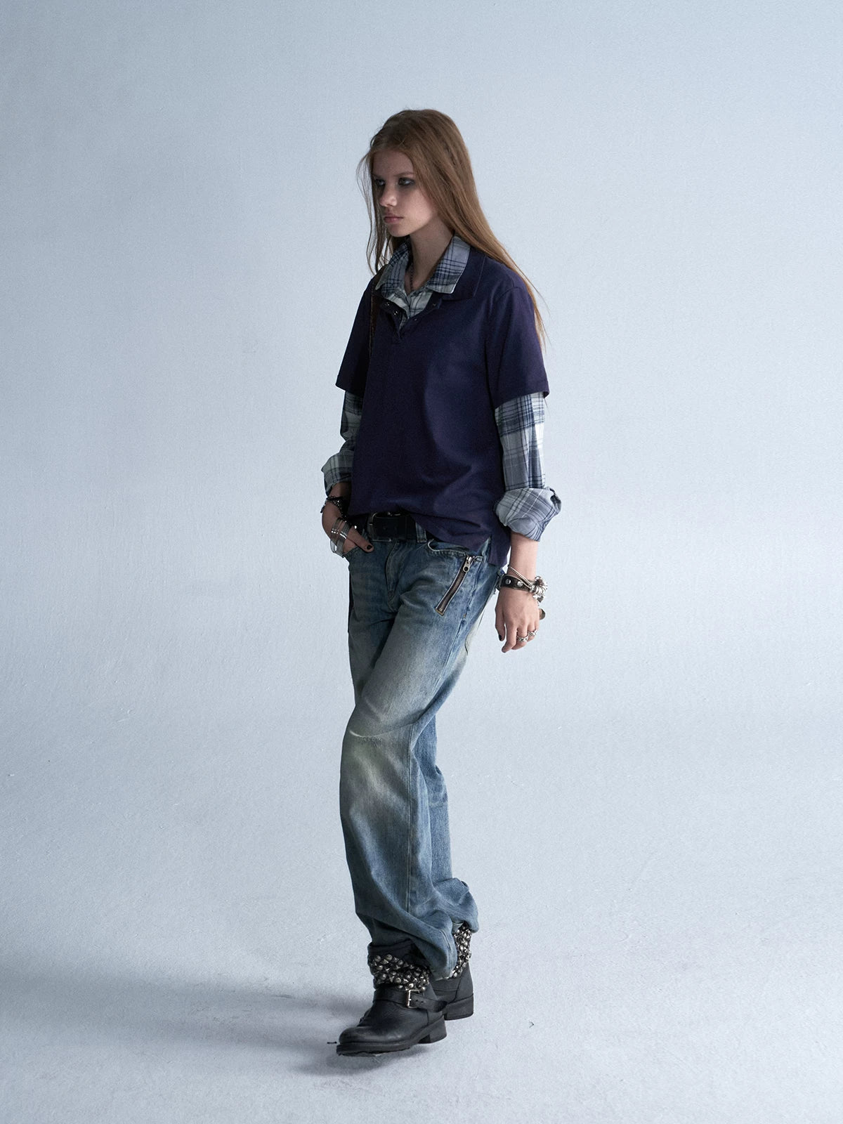 wear And tear Vintage Plaid Two-Layer Loose Drop-Shoulder Shirt