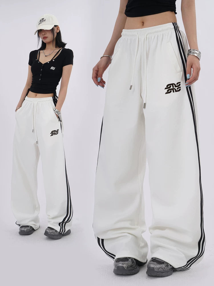 SAMUSAN Embroidered Three-bar Drawstring Slim Slacks