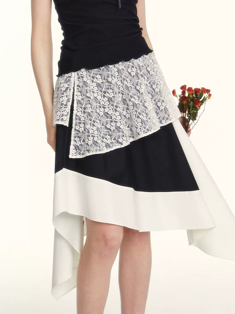 SUREENOUGH Vintage Lace Stitching Irregular Skirt