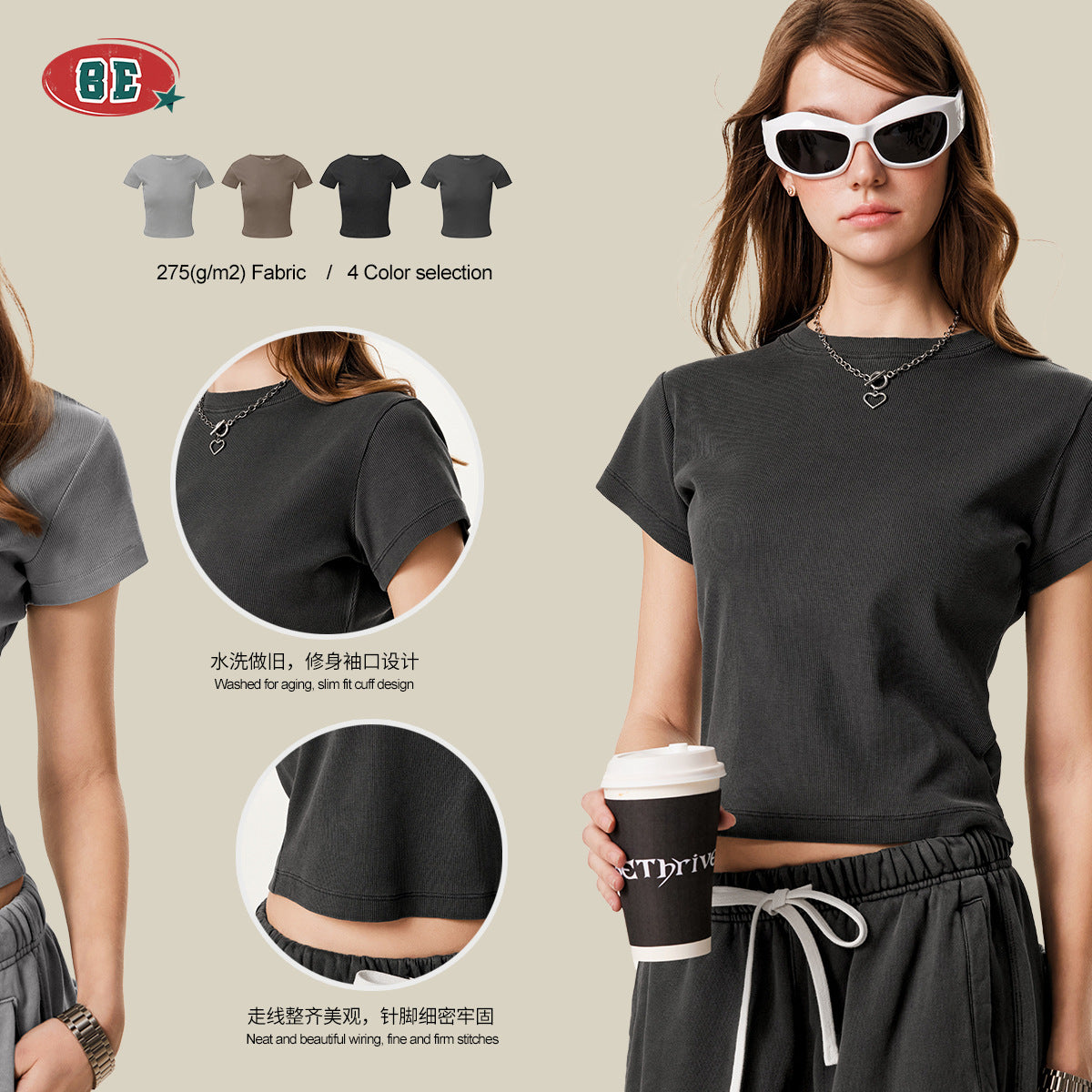 BE WOMEN'S Slim Fit Round Neck Bottoming Right Shoulder Tee