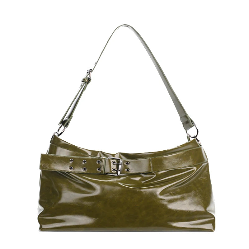 JANDRESS Olive Green Faux Leather Zip-Top Tote