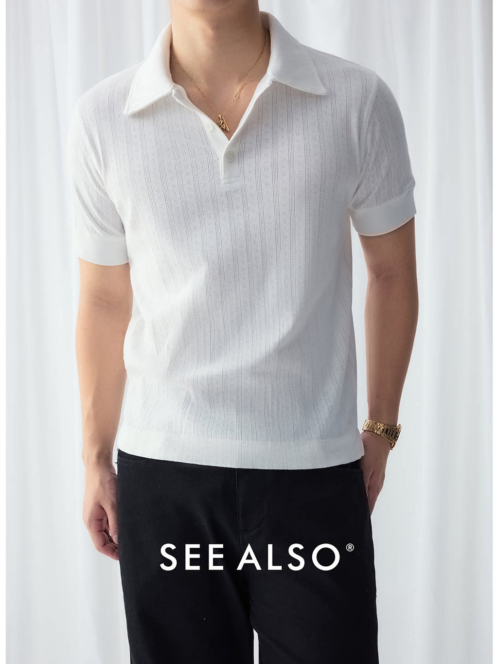 SEE ALSO Heavyweight Vertical Stripe Textured Knit Polo Shirt
