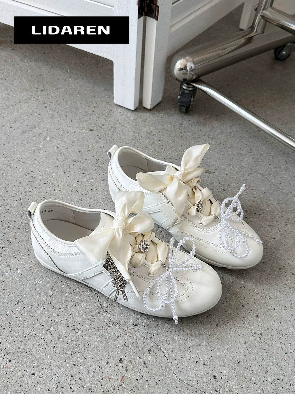 Lidaren Produced Leather Pearl Bow Chunky Lace-Up Sneaker