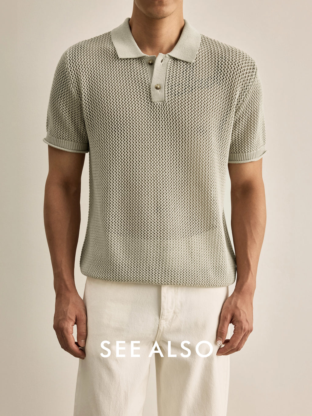 SEE ALSO Cutout Breathable Linen Knit Polo Shirt