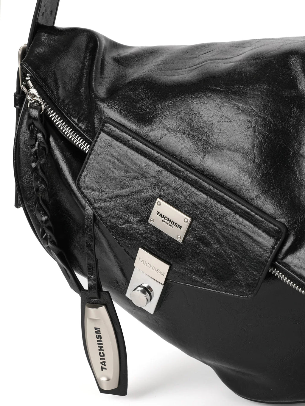 TAICHIISM Waxy Distressed Faux Leather Fold-Over Crossbody Bag