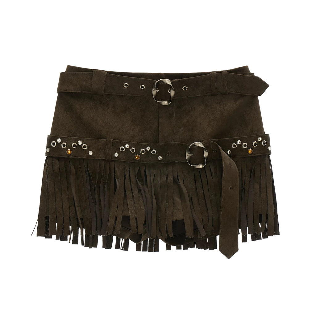 MAMC Suede Fringe High-Waist Straight-Leg Shorts