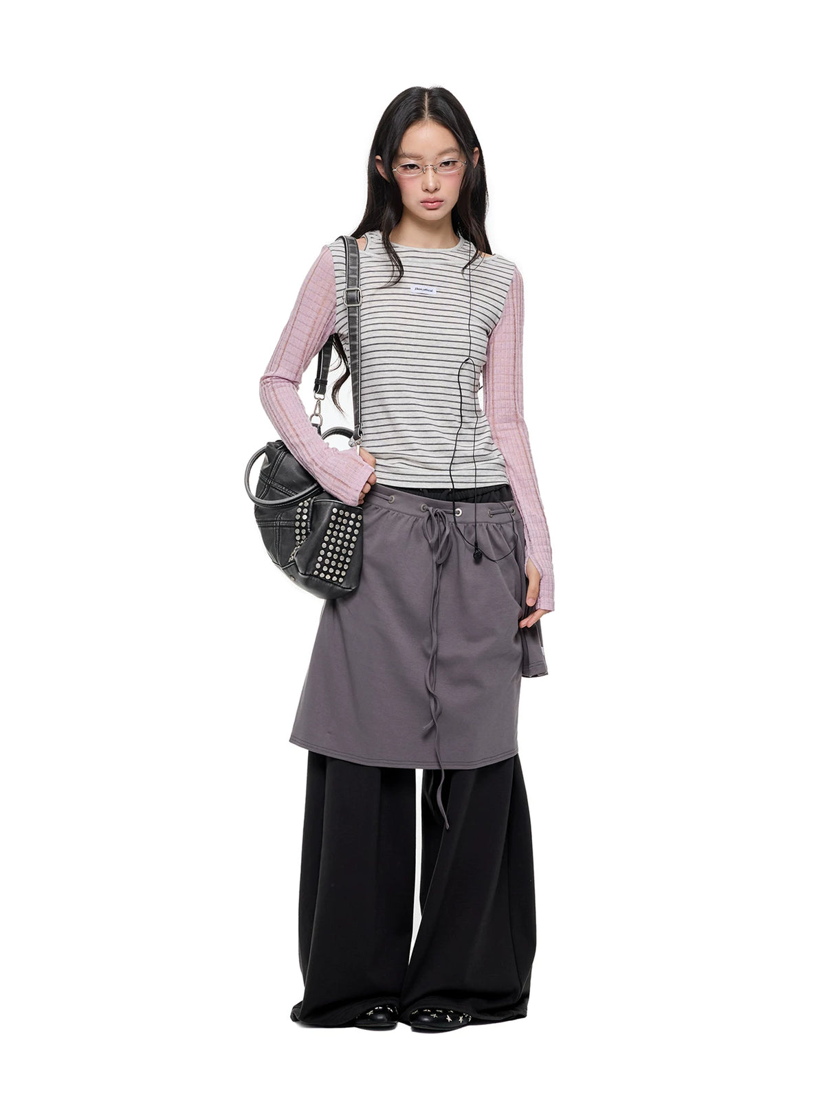 JIKOO Wild Berry Party Striped Off-Shoulder Long-Sleeve Tee