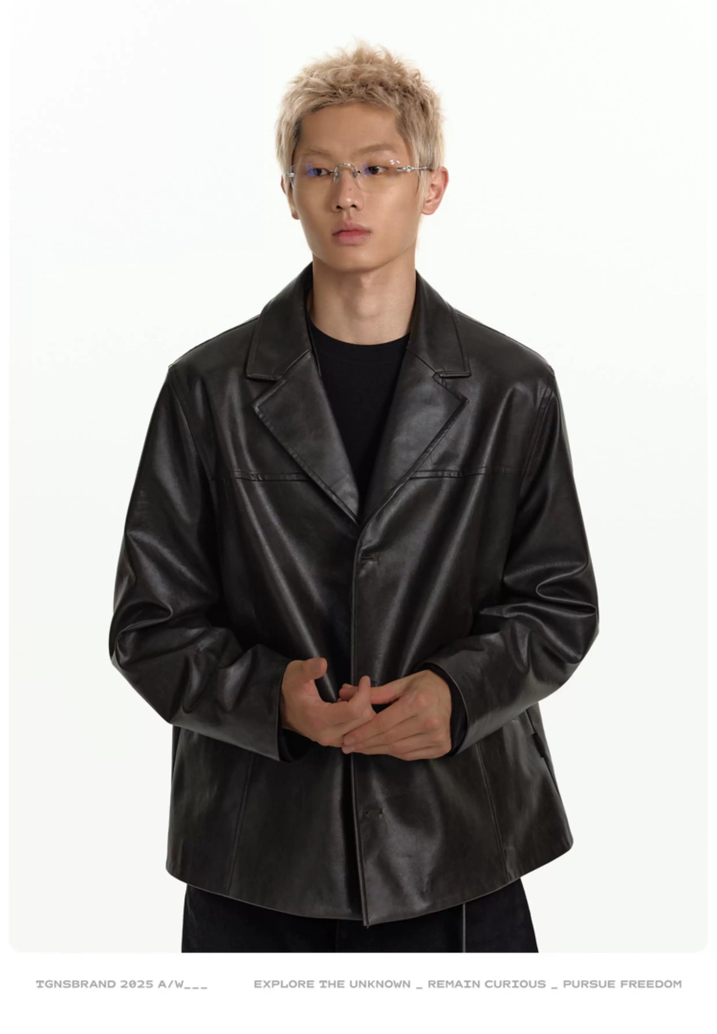 TGNS Vintage Pu Leather Lapel Jacket