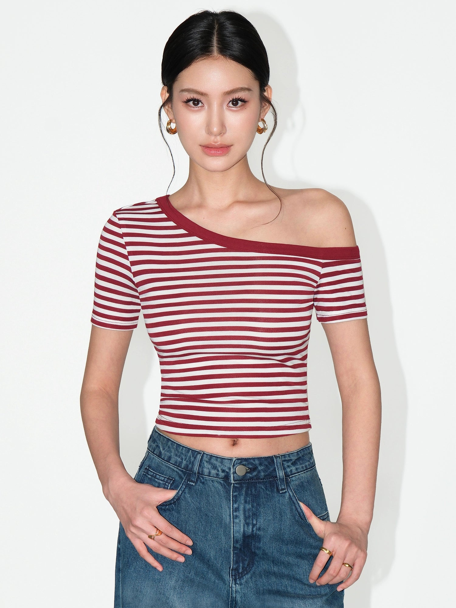 NEVA HU Temperament Slant Neck Off-Shoulder Striped Tee