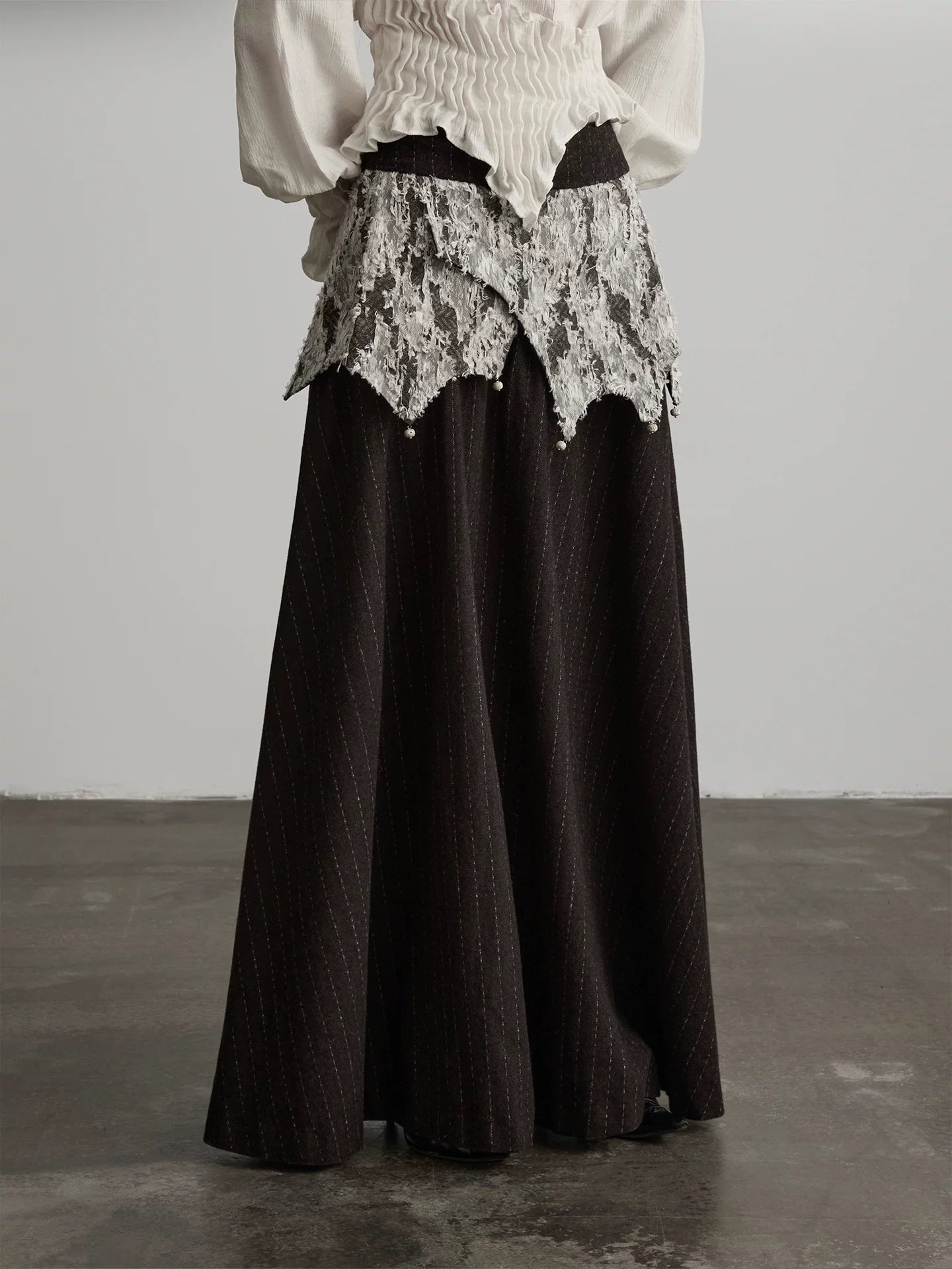 INDULGE Irregular Deconstruction Lace Stitching Striped Skirt
