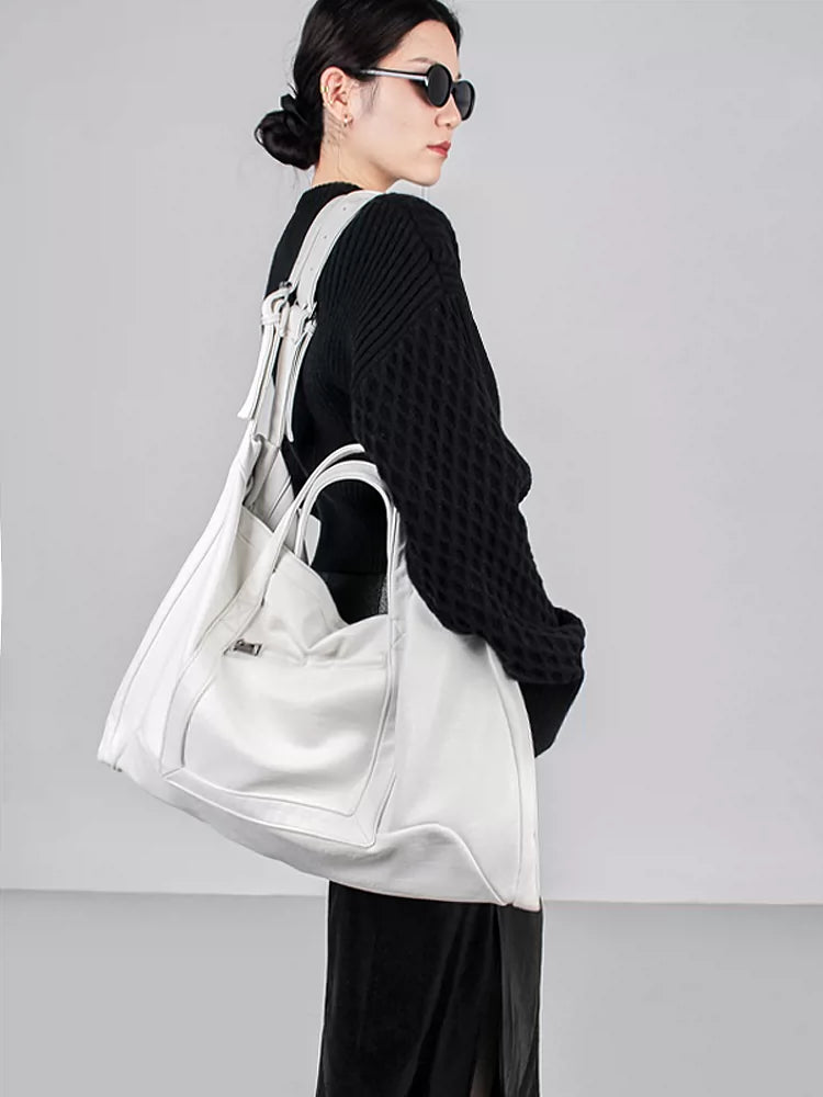 JANDRESS White Faux Leather Zip-Top Tote