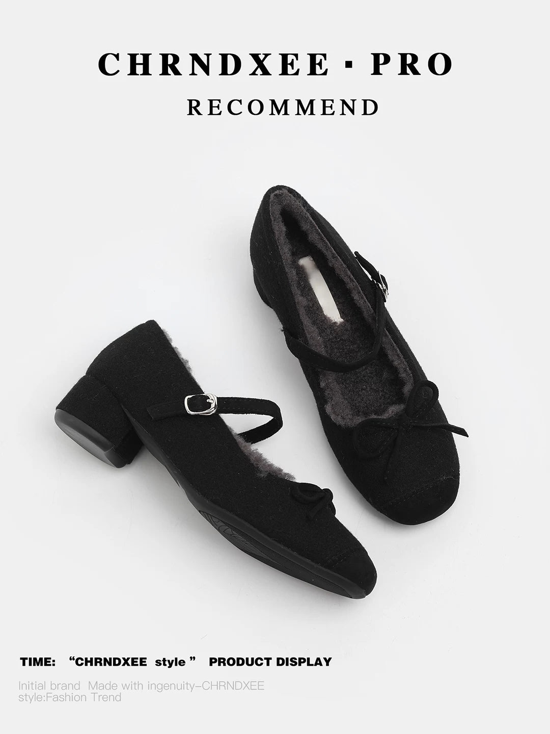 CHRNDXEE Retro Round Head Bow Warm Thick Heel Shoes