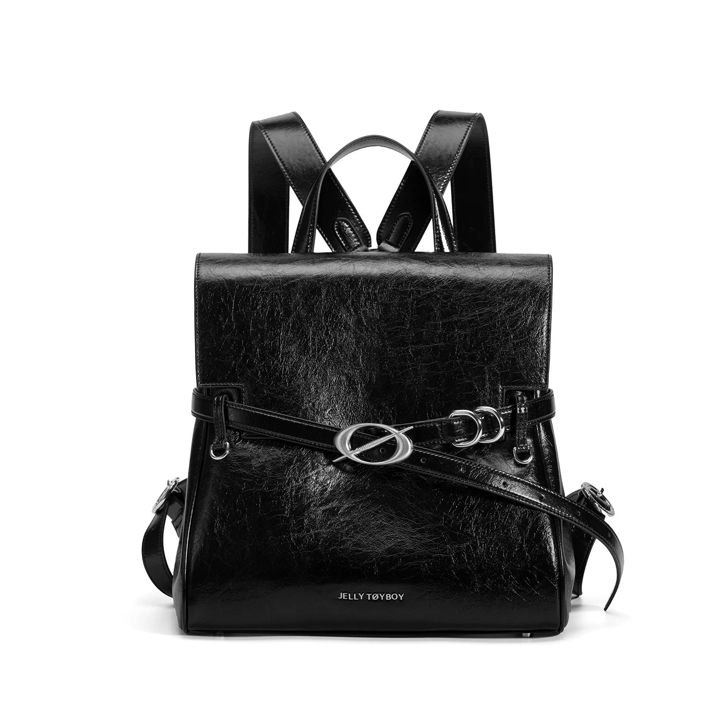JELLY TOYBOY Black Faux Leather Flap-Top Backpack