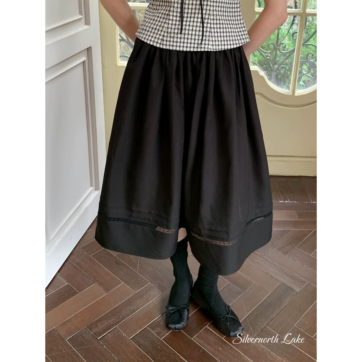 silvernorth lake French Lace High-Waist A-Line Midi Skirt