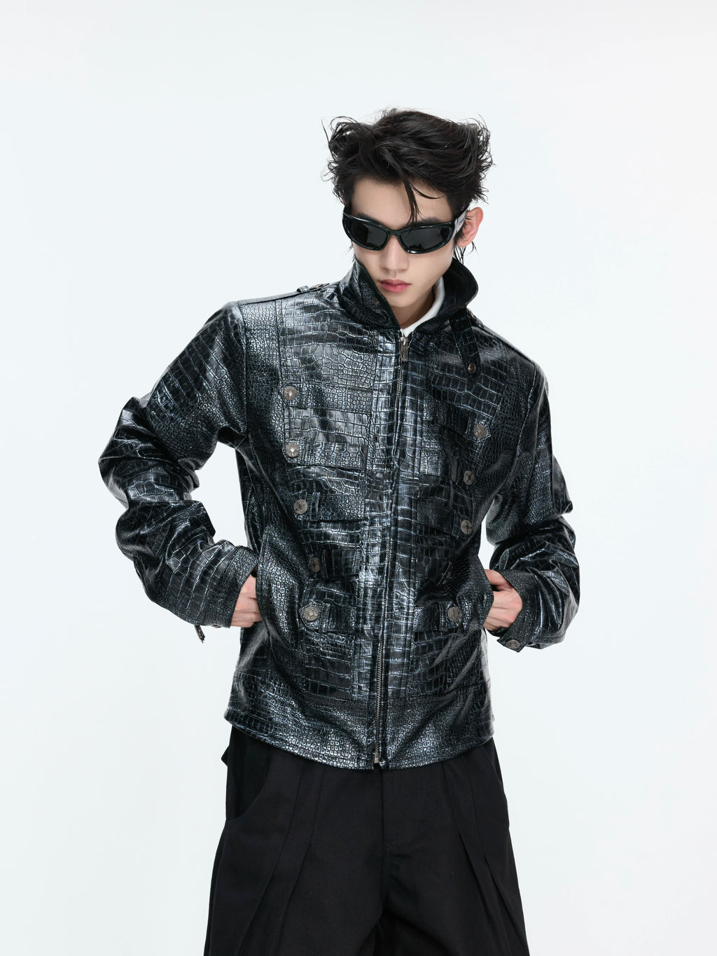ArguE CulturE Metallic Croc-Texture Double-Breasted Leather Jacket