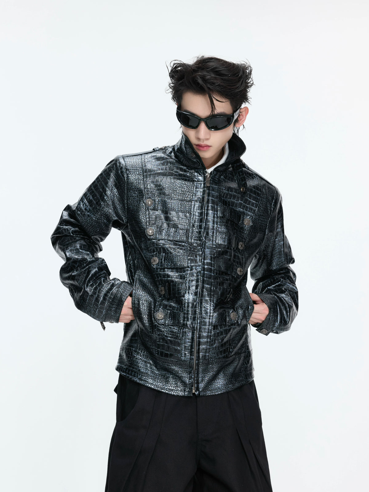 ArguE CulturE Metallic Croc-Texture Double-Breasted Leather Jacket