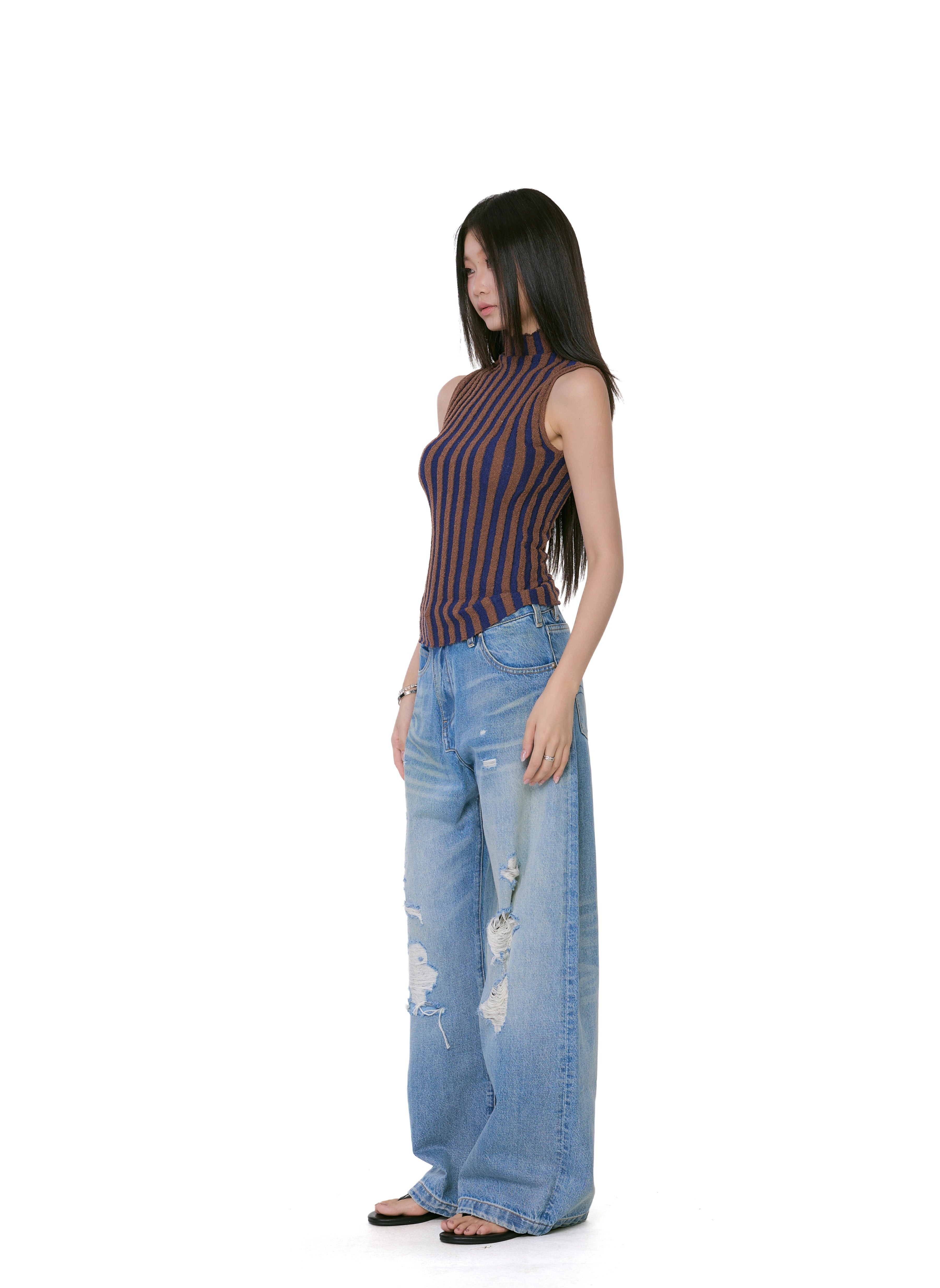WITHMIN Low-rise Versatile Ripped Straight Wide-leg Pants