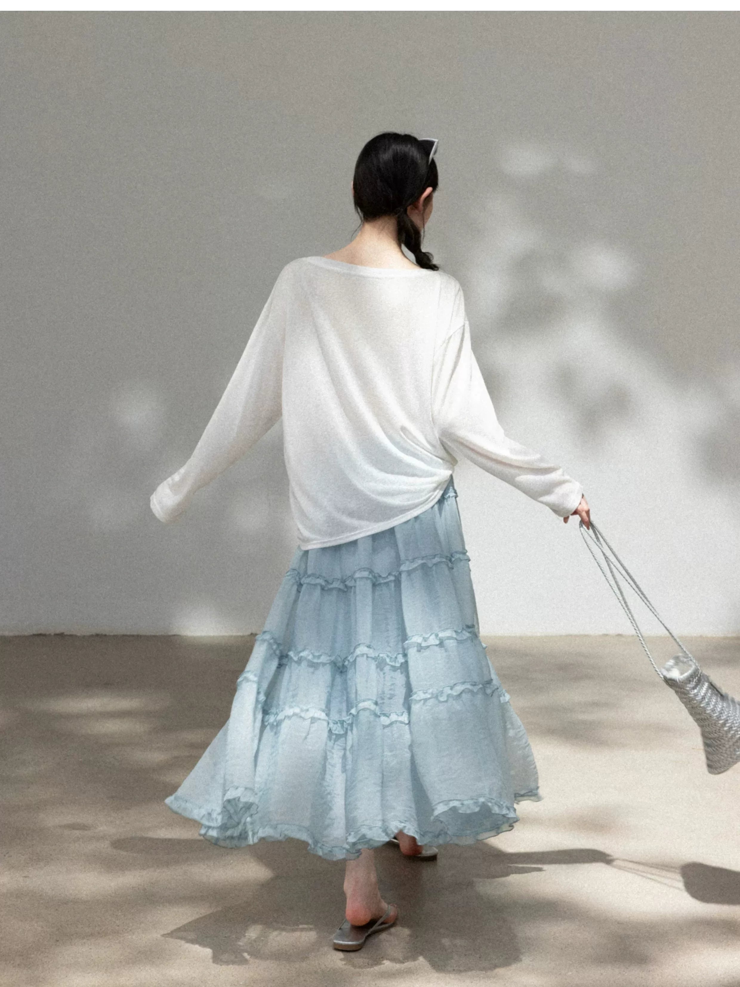 Cantonstory Lazy Crew Neck Thin Long Sleeve Skirt Set