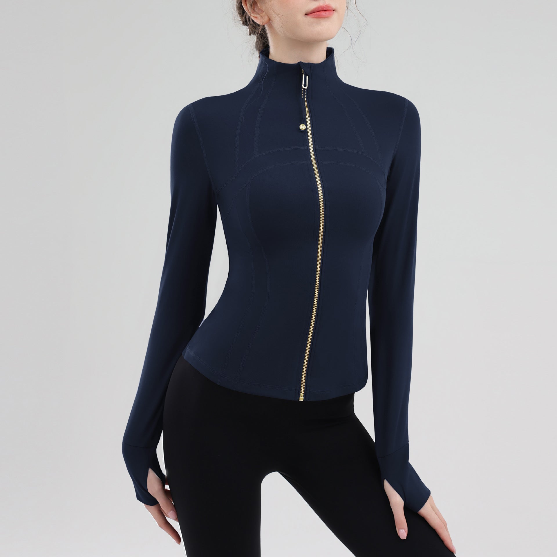 TIANQINGSE Splicing Turtleneck Slim Strap Finger Cover Long-sleeved Gym Clothes