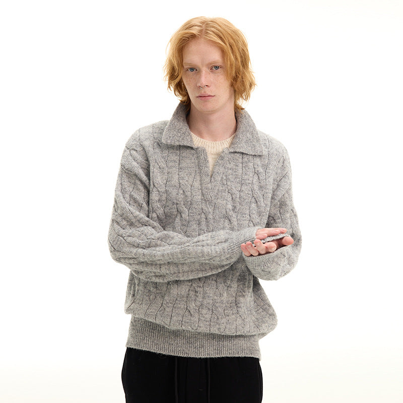 UNF Heavyweight Boxy Anti-Static Cable-Knit Polo Sweater