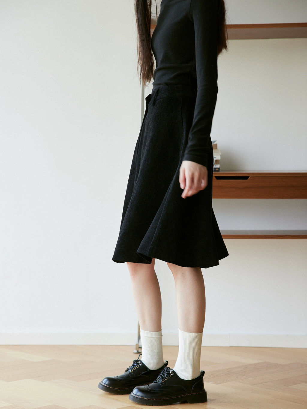 RPB BRAND Chenille Velvet Draped High-Waist A-Line Midi Skirt