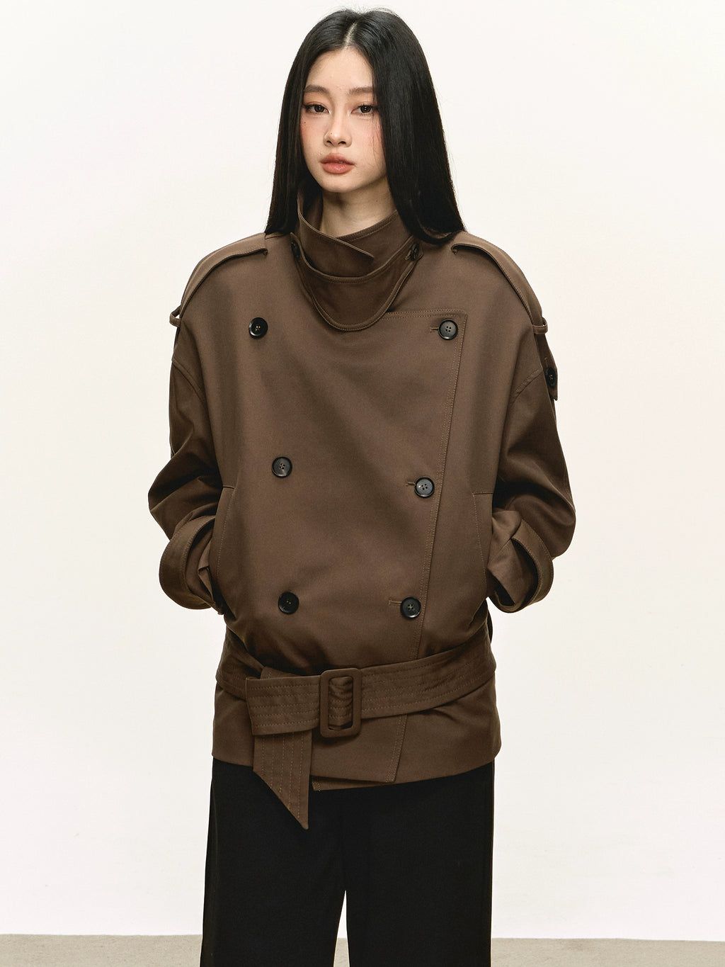 Anna Aneae Stand-up Collar Double-breasted Short Trench Coat