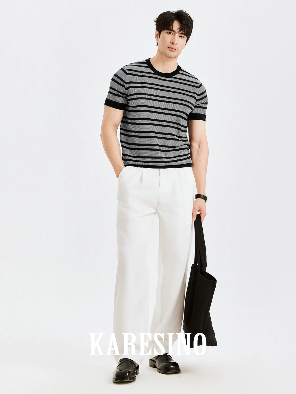 KARESINO Mulberry Silk Contrast Stripe Knit Casual Crew Neck T-Shirt