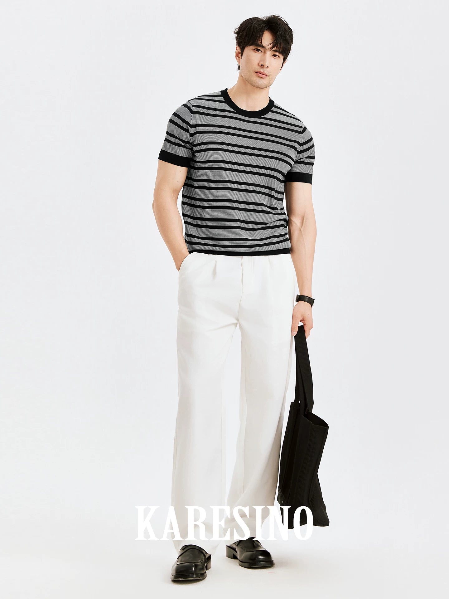 KARESINO Mulberry Silk Contrast Stripe Knit Casual Crew Neck T-Shirt