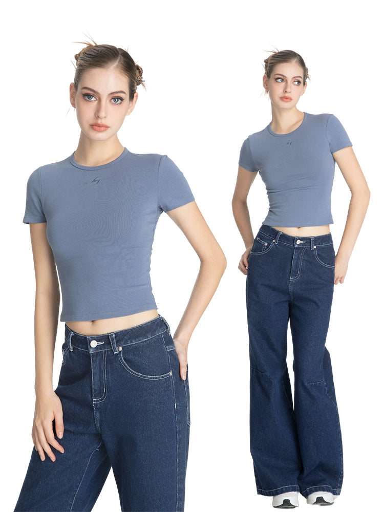 ABMY Crew Neck Front Shoulder Versatile Slim Waist Tee