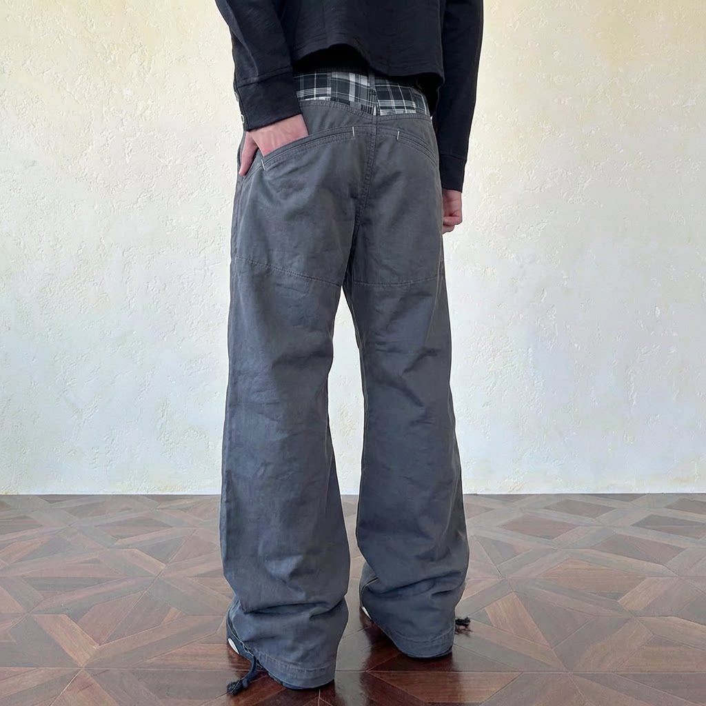 Face the mirror 3D Patchwork Plaid 400g Loose Wide-Leg Pants