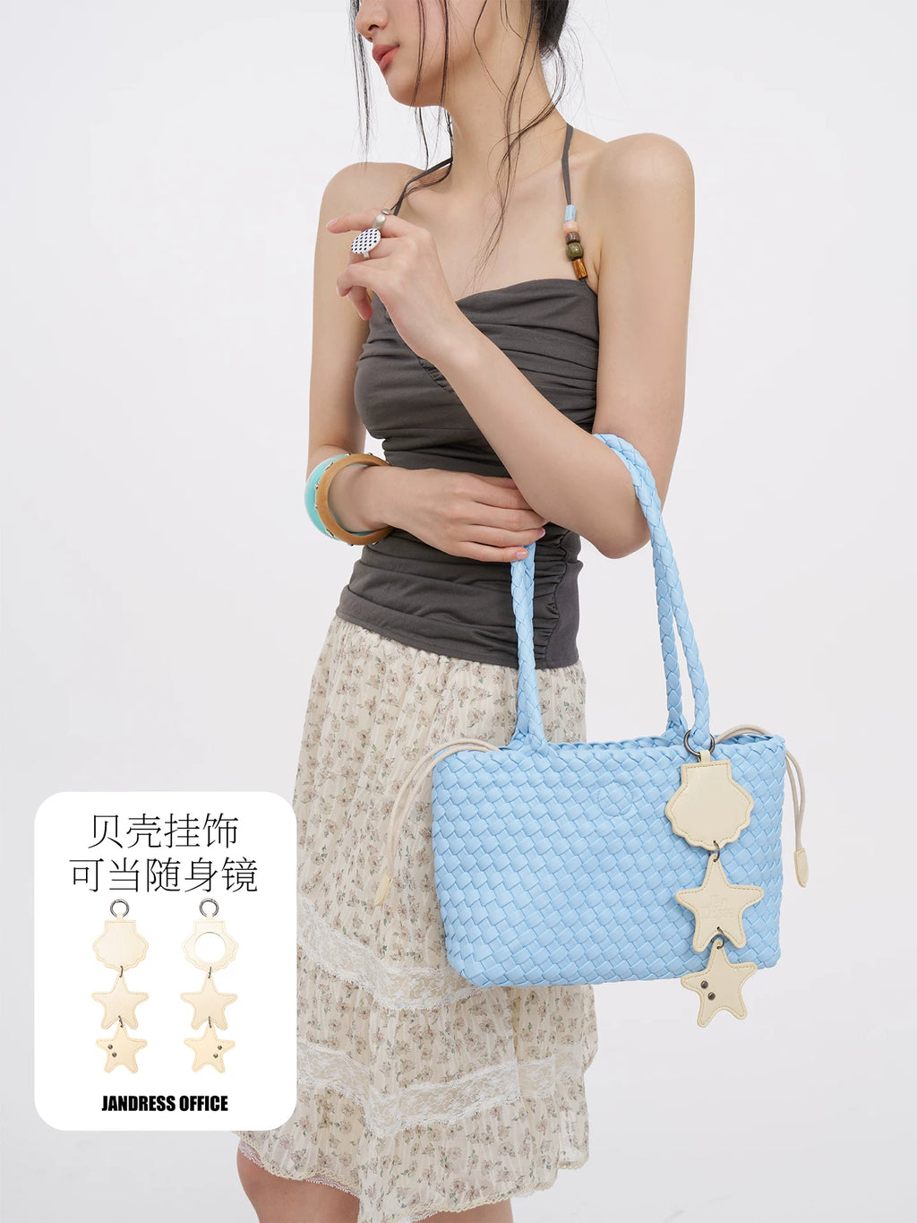 JANDRESS Faux Leather Woven Polka Dot Shoulder Bag