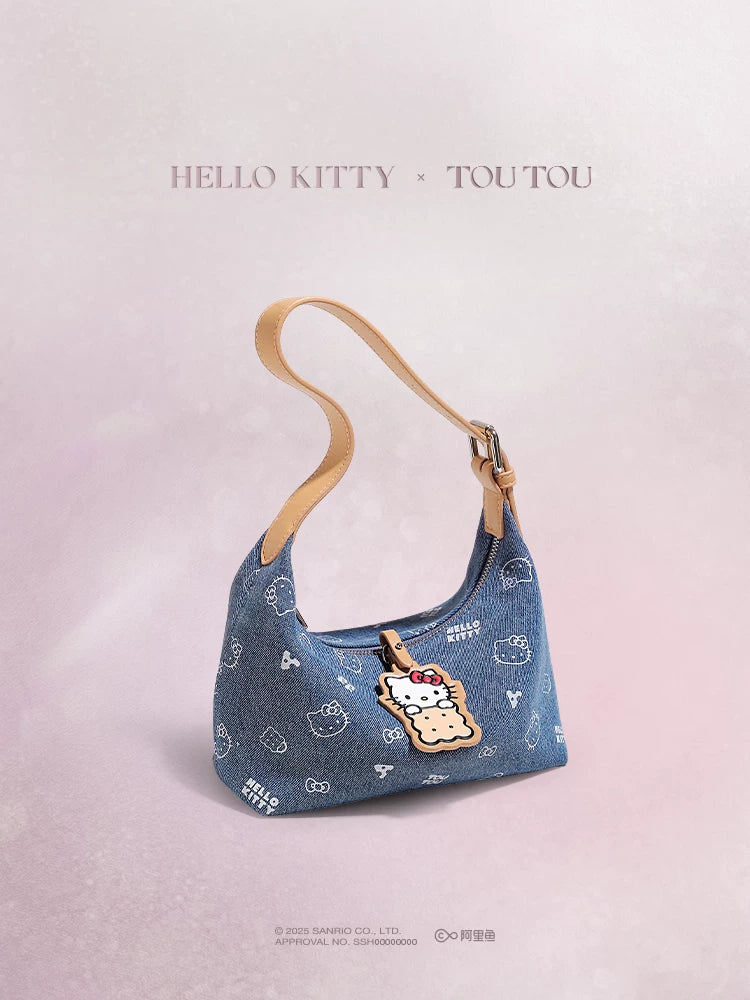 TOUTOU Denim Cartoon Print Zip-Top Underarm Bag
