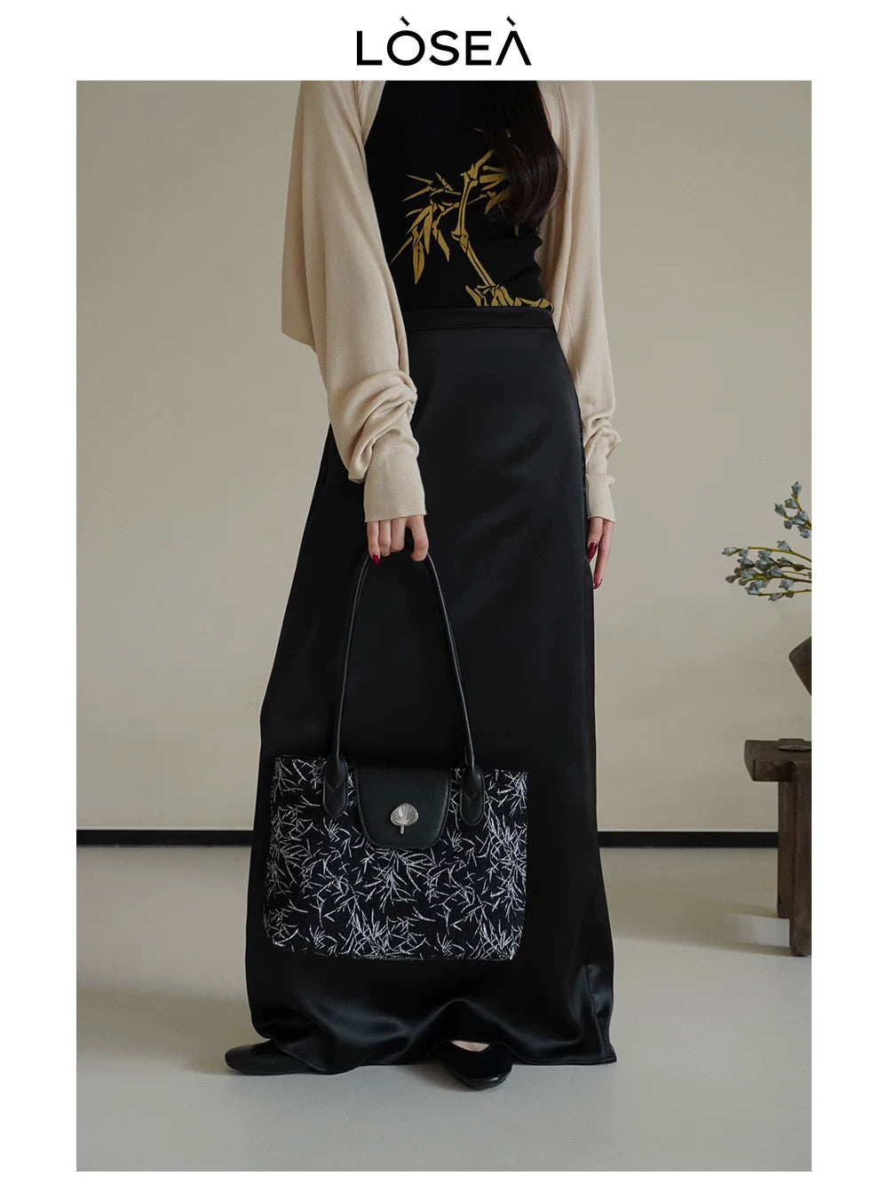 LOSEA Black Faux Leather Bamboo Leaf Underarm Bag - Zip Top