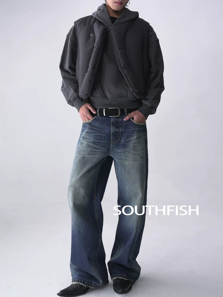 SOUTH FISH Washed Distressed Straight-Leg Jeans