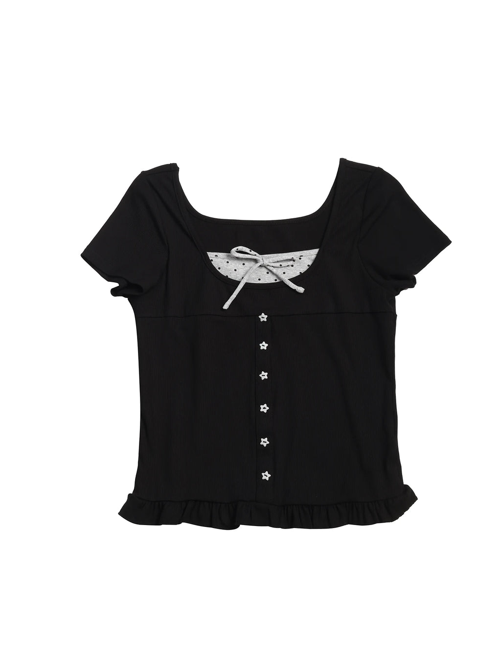 Two days off lab Polka Dot Ruffle Trim Square-Neck Cropped Tee