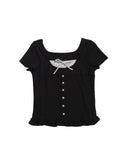 Two days off lab Polka Dot Ruffle Trim Square-Neck Cropped Tee