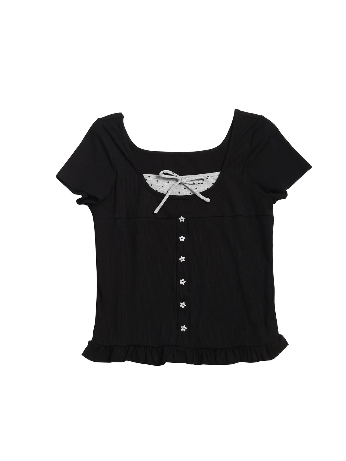 Two days off lab Polka Dot Ruffle Trim Square-Neck Cropped Tee