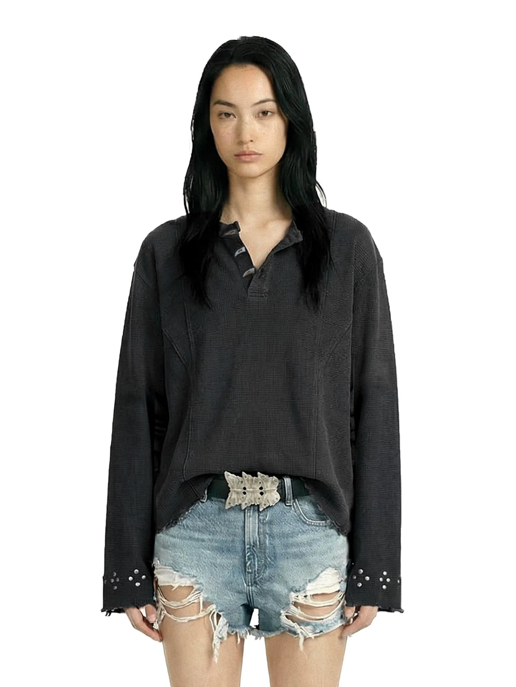 Remedy Vintage Henry Collar Rivet Waffle Long Sleeve