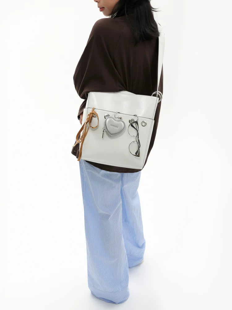 JANDRESS White PU Leather Zip-Top Bucket Bag - Crossbody Shoulder